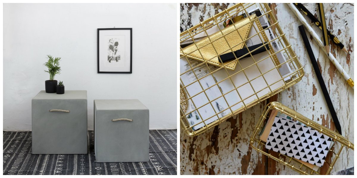 מימין: קופסאות של OAKY, צילום: ליבת רות. משמאל: קוביות בטון של קולקטי, צילום: הגר דופלט. 